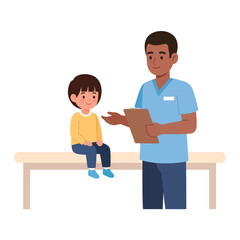 Obraz premium A young child sits on a bench while a doctor speaks, holding a clipboard.