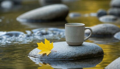 Stoneware Mug on River Rock with Yellow Leaf