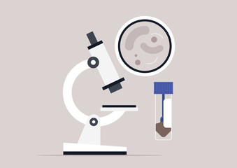 The focus is on a microscope poised to examine a distinct stool sample, showcasing the intricate details of microbiology in a clean, sterile lab environment