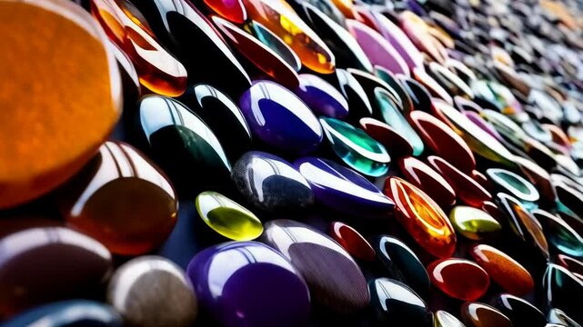 Colorful polished pebbles and rocks on a dark surface, displaying a variety of textures and patterns with a shiny, glossy appearance.