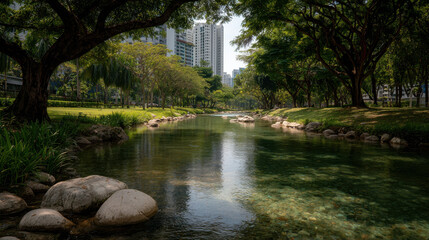 Fototapeta premium serene urban park scene blending nature with city life featuring lush greenery and calming water features