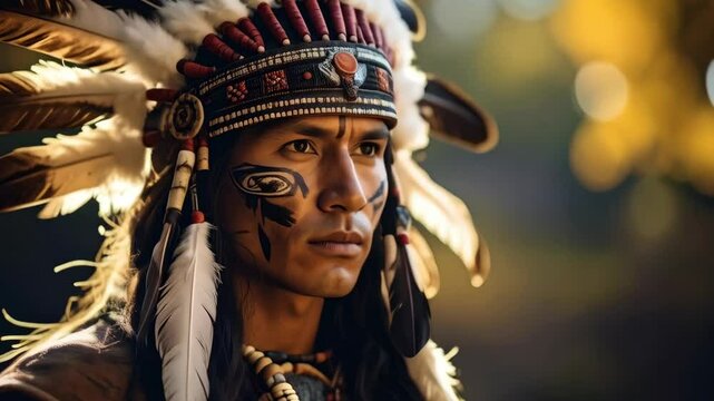 Portrait of Indigenous man with feathered headdress and painted face looking off camera in soft focus outdoor setting