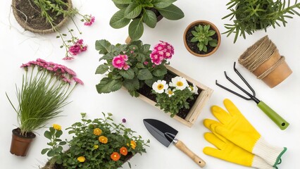 Overhead View of Gardening Tools and Potted Plants on a White Background