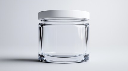 Clear glass jar with a white lid on a light background showcasing empty container design for product display