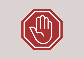Obraz premium A striking representation of a stop sign hand, featuring a clean red and white design, This artwork captures the essence of halting movement with elegance and clarity in a minimalist style