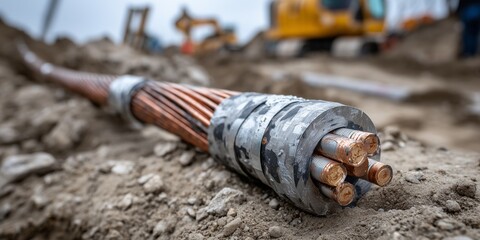 Obraz premium Underground electrical cable installation at a construction site with heavy machinery working nearby