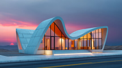 Futuristic curved home with glass facade and scenic sunset road backdrop