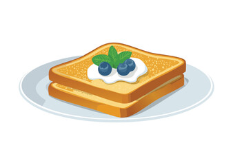 French Toast with Blueberries and Cream Topping - Vector Illustration