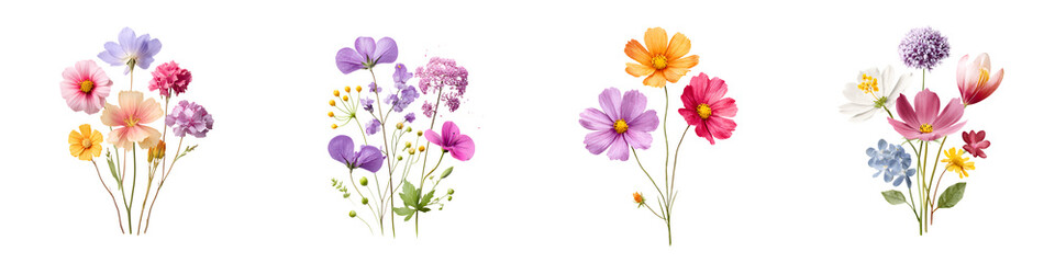 Naklejka premium Watercolor Flower Bouquets, Wildflower Arrangements on White