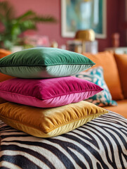 Velvet pillows in bright colors stacked on animal print sofa