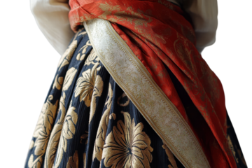 Opulent Fabric Red and Gold Brocade Sash Black and Gold Floral Skirt Texture Detail Dress Elegance