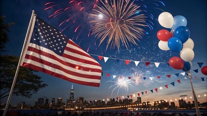 Celebrating Independence Day with Fireworks American Flag Balloons and City Skyline at Night