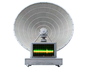 Satellite dish antenna with a spectrum analyzer test equipment on a transparent background