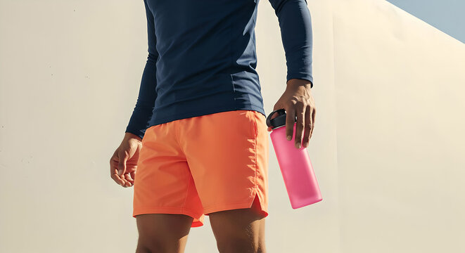 Man with dark skin holding a pink water bottle against a bright wall, representing hydration and active lifestyle