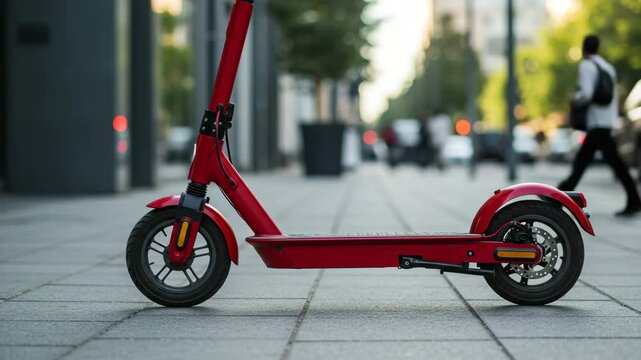 Red electric scooter parked on urban sidewalk in cityscape  