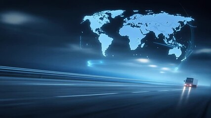 Digital world map displayed over a dark highway with a truck driving through in a futuristic setting during nighttime - Powered by Adobe