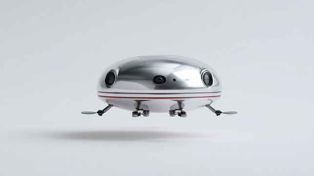 Close up of a shiny silver robot with visible cameras and propellers on a plain white background