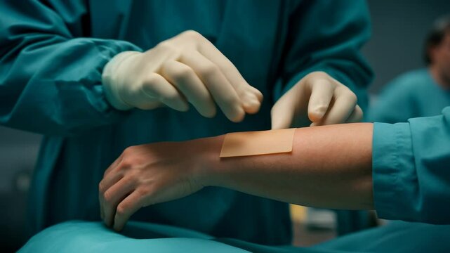 Surgeons in sterile gloves applying artificial skin graft to patient&rsquo;s forearm during surgical procedure. Concept of wound care, burn treatment, and regenerative medicine in modern healthcare.