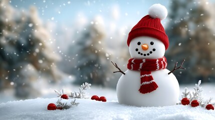 Charming snowman wearing a red hat and striped scarf in a snowy forest setting, surrounded by a wintry landscape