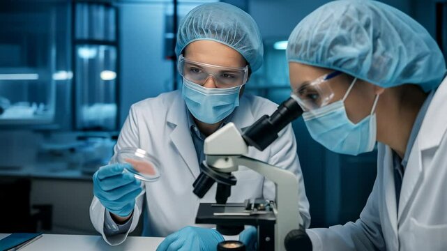 Male and female scientists in protective clothing analyzing artificial skin sample in petri dish using microscope in dark laboratory. Concept of biotechnology, medical research, and tissue engineering