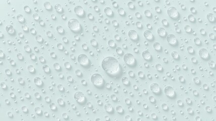 Clear water droplets in various sizes resting on a solid pale blue or light cyan surface background