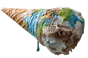 Melting Earth Ice Cream Cone on White Background - Global Warming and Climate Change Concept