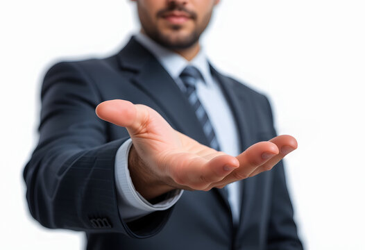 A businessman with an open palm, offering or presenting something unseen, isolated on a white background.
