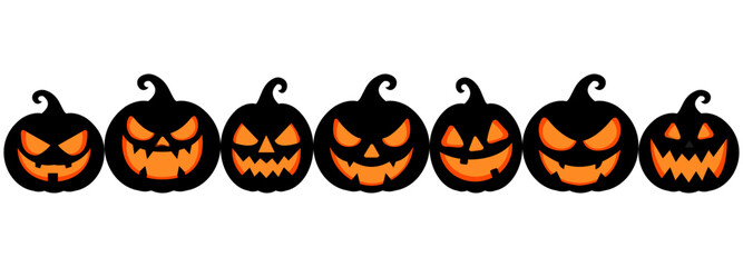 Halloween Pumpkins with Spooky Faces in a Row. Pumpkins on white background. Vector  illustration.