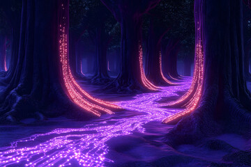 Glowing purple stream winding through dark, mossy trees in eerie, illuminated forest. Mysterious and enchanting scene