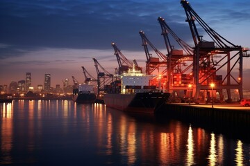 Cargo ships are loading and unloading containers at a bustling commercial port at night, with the city skyline visible in the distance