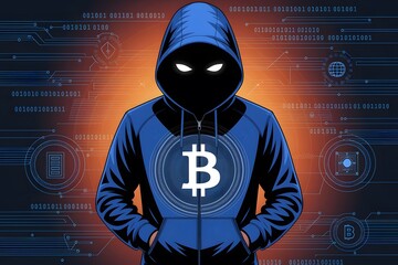 Digital illustration of a hacker in a hoodie with a Bitcoin symbol, representing cybersecurity or cryptocurrency

