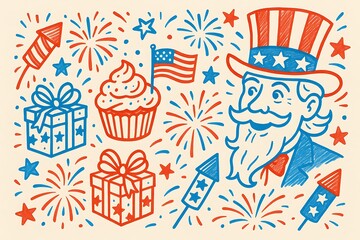 Obraz premium Whimsical handdrawn illustration of Uncle Sam with fireworks, cupcakes, gifts, and American flag, celebrating the 4th of July