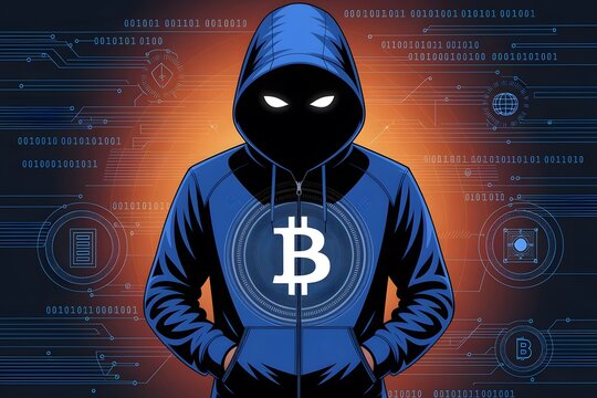 Digital illustration of a hacker in a hoodie with a Bitcoin symbol, representing cybersecurity or cryptocurrency

