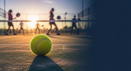 A game of padel at sunset. A tennis ball is in focus in the foreground, with silhouettes of players blurred in the background. With copy space.