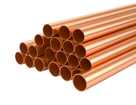 Copper pipes stacked in a neat arrangement.