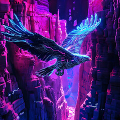 Digital eagle soars in neon-lit canyon, blocks forming landscape, stylized, vibrant colors, abstract rendering