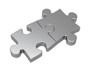 Two metallic puzzle pieces joined together.