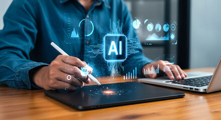 Naklejka premium Person using digital tablet with ai interface and laptop on wooden desk for data analysis and design