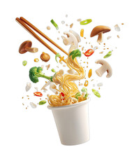 Spicy instant noodles exploding from a cup