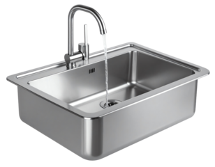 Modern stainless steel kitchen sink with faucet.