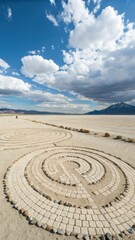 Stone labyrinth art installation on the desert playa under a bright blue sky with scattered clouds and distant mountains
