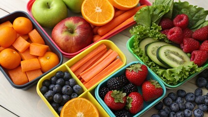 Colorful Healthy Lunchbox with Fruit Vegetables and Berries on a Wooden Surface