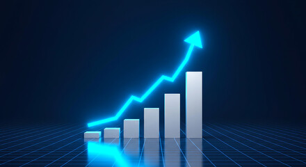 A blue arrow pointing upwards with white bars on a blue grid surface and a dark blue background