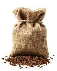 Caraway seeds in burlap sack on black background