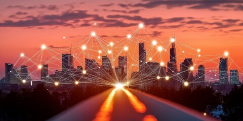 Connected cityscape at dusk with global communication network spanning illuminated skyline at sunset