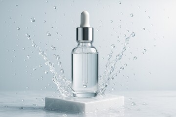 Luxury Clear Serum Dropper Bottle with Water Splash, Minimal Skincare Mockup, High Resolution.