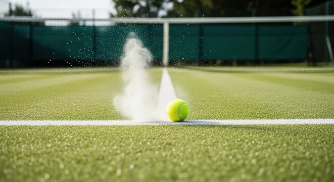 A close call in tennis. A yellow ball hits the white line of a grass court, kicking up a cloud of white chalk dust.