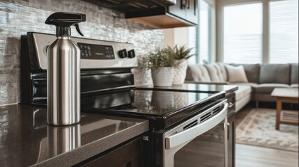 Bottle of kitchen appliance cleaner placed beside a sparkling stainless steel oven