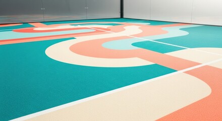 Modern sports flooring. A close-up of a court with a colorful and abstract geometric pattern in teal, salmon pink, and beige.