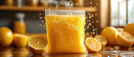 A clear plastic bag filled with fresh squeezed orange juice
